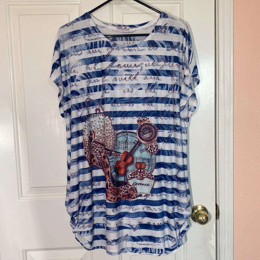 Blossom by P. Striped Top Blouse with Sequins  Crewneck Short Sleeve | One Size